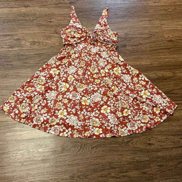 Torrid Floral Knee Length Dress Burnt Orange White Gold Size 1 - Picture 4 of 11